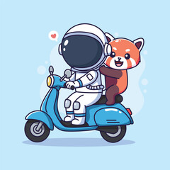 Cute astronout and red panda on a vespa. Vector illustration.