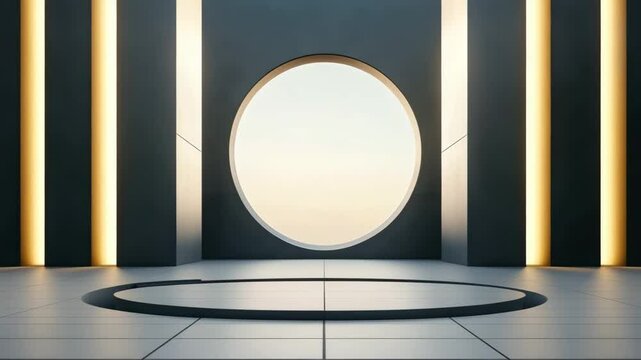 Modern minimalist interior and architecture with large circular window, geometric shapes, empty futuristic space, and soft natural light create calm, modern, and abstract atmosphere with light filled