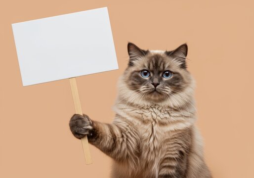Ragdoll cat holding blank sign mockup for your advertising message needs