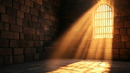 Sunlight streams through barred window into empty stone prison cell, casting dramatic shadows and creating moody, hopeful atmosphere floor and walls, highlighting interplay of light and shadow this - Powered by Adobe