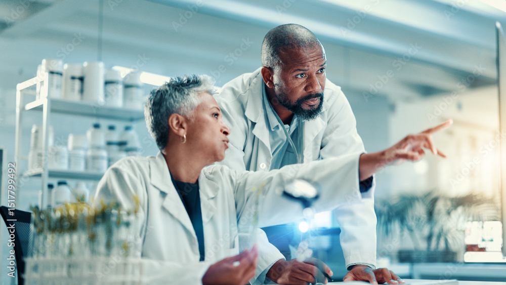 Poster biology, computer and pointing with science people in laboratory for breakthrough or development. co