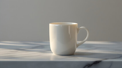 Side View of Empty White Ceramic Mug on Elegant Marble Background