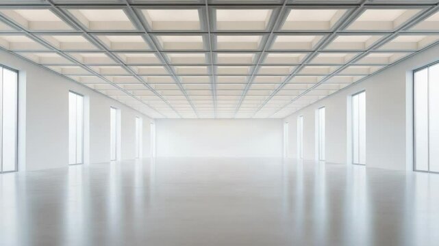 Spacious modern empty room and gallery with large windows, white walls, grid ceiling, minimalist design, and natural light, creating calm, serene, and peaceful atmosphere