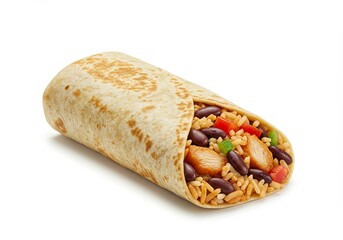 Delicious Chicken Burrito with Rice and Beans on a White Background