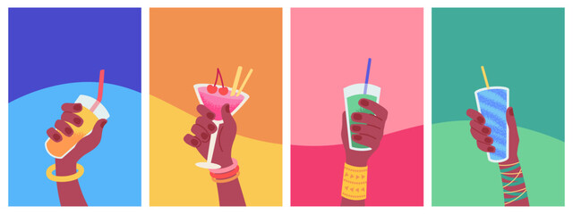 Set of summer design posters. Beach party, hands holding glasses with soft drinks, fruit cocktails. Vector printable templates for text