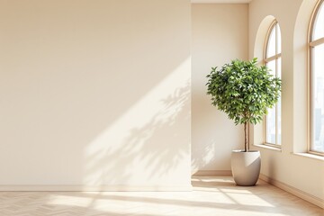 Indoor potted plant tree near arched windows in modern minimalist room, soft sunlight casting shadows on beige wall, concept of natural interior calm. Ai generative