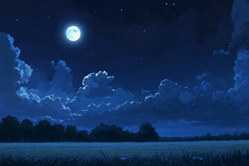 Fototapeta premium Night Landscape with Bright Moon and Starry Sky