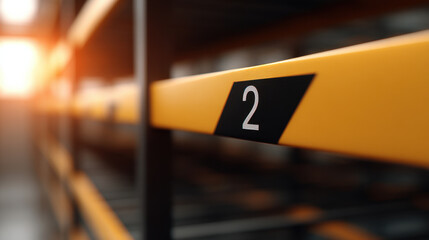Close up of yellow and black storage rack with number 2 label, focusing on shelf, with blurred background and warm lighting, conveying organization and industrial environment