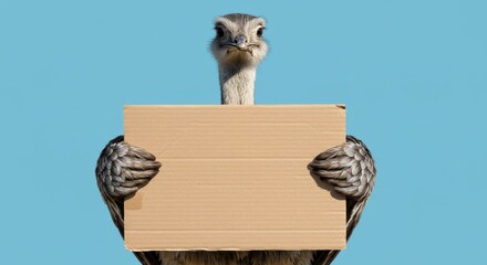 Ostrich holding a blank cardboard sign against a bright blue background