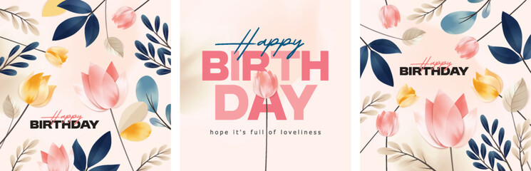 Happy Birthday celebration typography design abstract art background vector. Luxury minimal style wallpaper with golden line art flower and botanical leaves, watercolor. Vector background