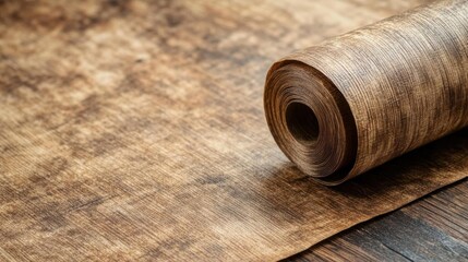 Roll of brown paper on wooden table background with copy space for text.