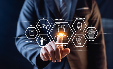 Online educational technology concepts, e-learning, AI assisted learning, Internet courses and online seminars provide personalized courses.