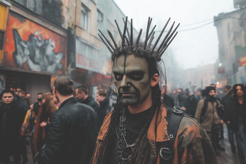 Obraz premium Urban Scene Featuring a Man with Spiky Headpiece in a Crowded Street