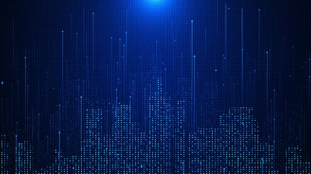 Futuristic city skyline matrix pixel style Artificial intelligence Internet of things Cyber digital city abstract hologram buildings 3d modern connection network. 5g wireless social media networking - Powered by Adobe