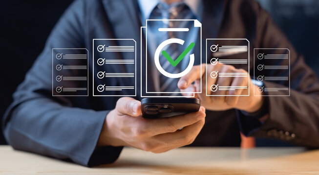 Regulatory and compliance concepts, corporate governance documents, and the use of smartphones and digital files by businesswomen, with a checkbox list displayed on a virtual screen.