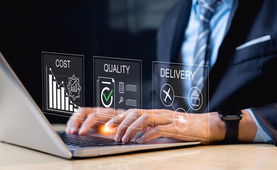 Businessman use laptops with virtual delivery quality cost icons for standard operating procedures, including instructions, quality, processes, operations, procedures, and workflows, SOP Concept.