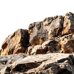 Large rugged rock formation with varied textures and colors, featuring cracks and shadows, isolated on a black background