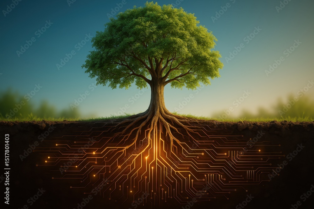 Poster exploring the intersection of nature and technology in a techbio concept illustration