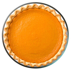 A whole pumpkin pie with a golden-brown crust, smooth orange filling, and a fluted edge, baked in a round glass dish, ready to be served