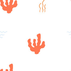 Obraz premium Coral reef and seaweed seamless minimalistic pattern. Underwater and sea life world. Hand drawn print for wall art or textile design.