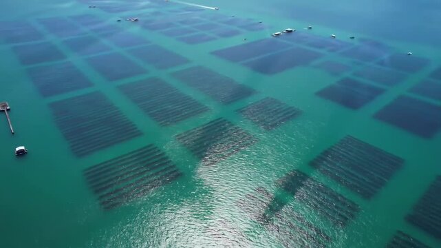Aerial view of expansive aquaculture farms with boats on clear emerald waters