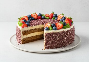 Elegant Layered Cake Adorned with Fresh Berries on a Ceramic Platter Display