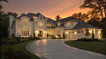 Obraz premium Beautiful New Home Exterior at Night: Home with Green Grass and Covered Porch, including Stately Gables and Columns.