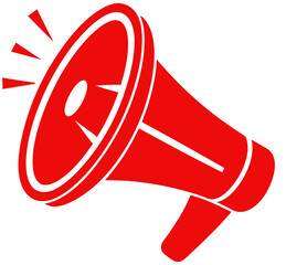 Icono de un megáfono sonando o transmitiendo un mensaje o comunicado en color rojo sobre fondo blanco