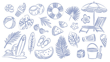 Summer vintage set. Pen drawn elements for summer design. Vector contours