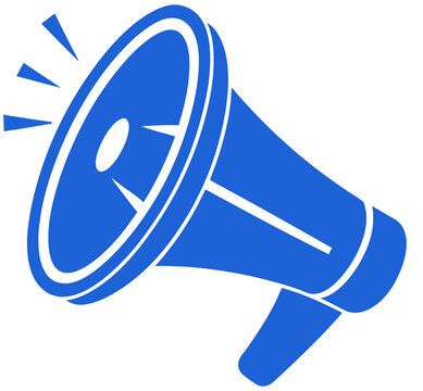 Icono de un meg&aacute;fono sonando o transmitiendo un mensaje o comunicado en color azul sobre fondo blanco