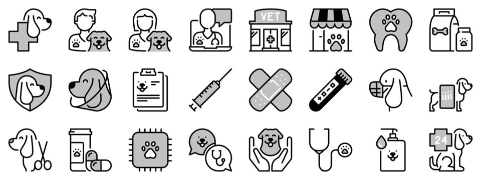 Icons in two tones about dogs and vet. Pets.