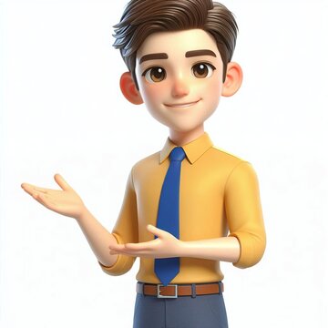 3d render. A cartoon character sales manager wears a yellow shirt, blue tie, looks at the camera, shows a gesture. Presentation concept, white background