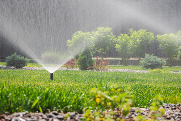 Water sprinkler sprays fine mist across backyard lawn, irrigating the grass on a sunny day with...