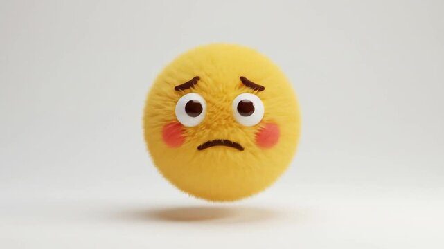 Fuzzy Yellow Sphere with Sad Expression and Rosy Cheeks.