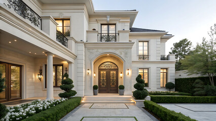 Beautiful New Home Exterior at Night: Home with Green Grass and Covered Porch, including Stately Gables and Columns.
