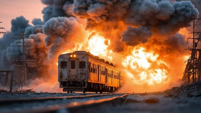 A dramatic scene of a train racing away from a massive explosion, surrounded by fire and thick smoke. The intense backdrop and motion create a thrilling, cinematic action moment filled with danger.