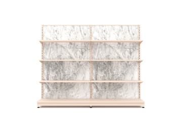 old books isolated on white. 3d rendering of retail display rack featuring marble backdrop and beige shelves. Ideal for commercial mockups, store layout design, and product showcasing.