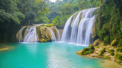 Obraz premium Twin waterfalls flow into a turquoise pool, surrounded by lush rainforest. Nature's serene beauty in a tropical paradise.