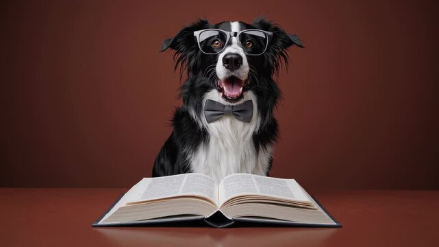 Adorable border collie dog, wearing a bow tie and glasses, sits at a desk with an open book, expressing increasing excitement as it reads