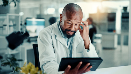 Science, lab and man on tablet thinking with stress for medical research, vaccine report and...