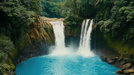 Fototapeta premium Twin waterfalls flow into a turquoise pool, surrounded by lush rainforest. Nature's serene beauty in a tropical paradise.