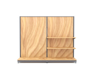 empty wooden box. 3d rendered wooden retail shelving unit with metal frame and partial shelves. Ideal for showcasing store layouts, product mockups, or retail design projects.