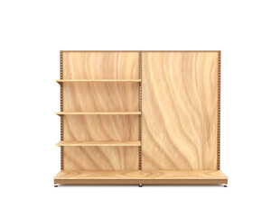 wood shelf with books. 3D render of empty wooden shelf display in supermarket or convenience store. Retail shelf for merchandising layout, product mockup, or marketing presentation.