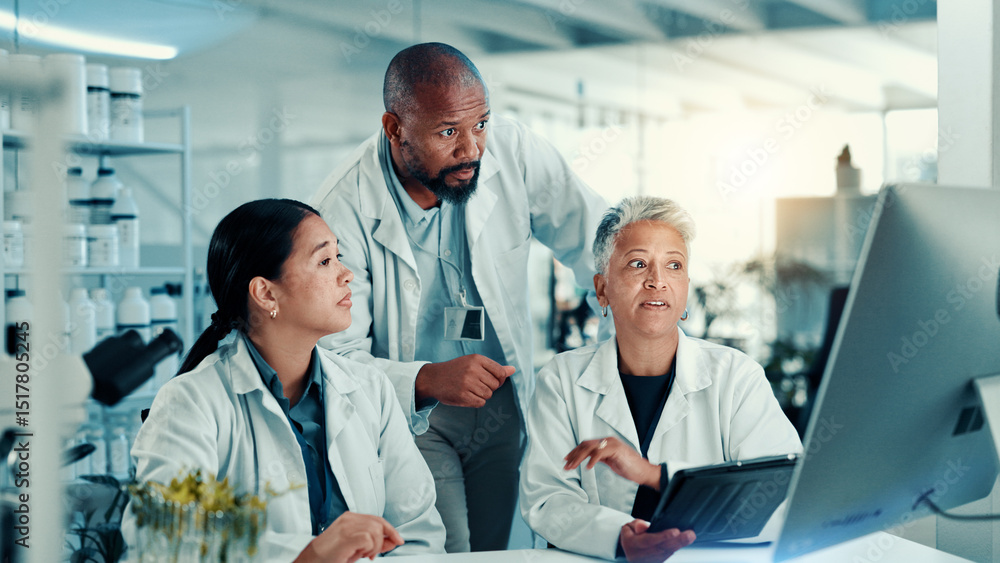 Poster computer, medical and teamwork with scientist people in laboratory for development or research. biol