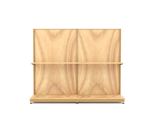 empty wooden box. Front view of wooden supermarket display shelf with single row, isolated on white. Ideal for retail design, store layout, and product mockup. 3d render.