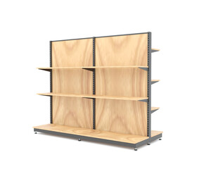 empty wooden box. 3d render of wooden supermarket shelf with black frame, isolated on white. Modern retail rack for product display and merchandising design.