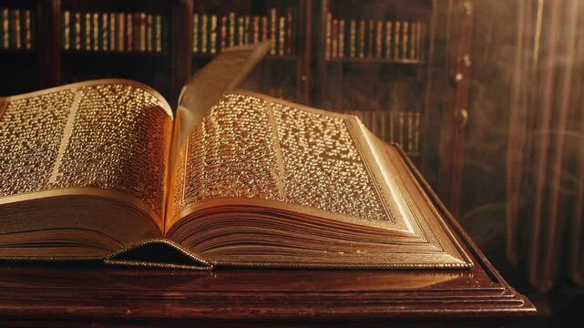 Fragile gold leafed pages of weathered ancient book slowly turning, revealing cryptic secrets within dimly lit library, casting mysterious atmospheric shadows