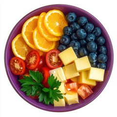 Fruit and cheese bowl close up view on a white background