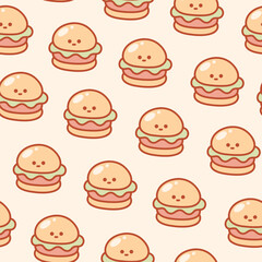 Kawaii burger seamless pattern. Cute vector food background