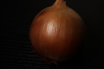 A single, radiant brown onion is spotlighted against a dramatic dark background, highlighting its texture and form.